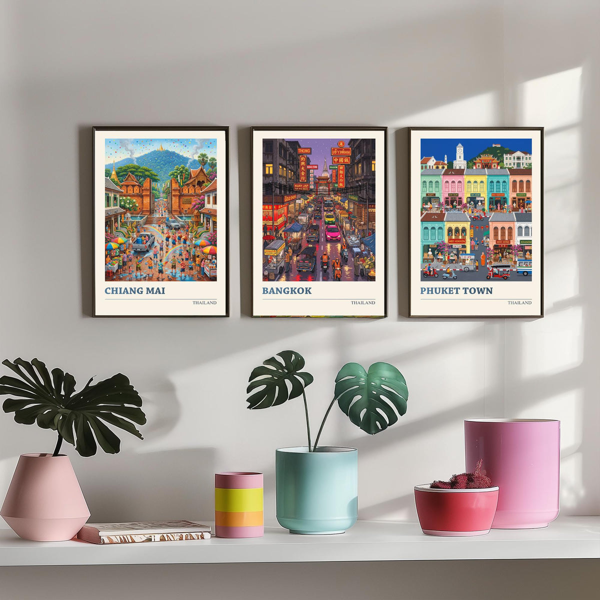 Thailand Set of Three Art Prints - Chiang Mai, Bangkok, Phuket Town - 3 Colourful Folk Illustration Travel Posters - Thai Painting