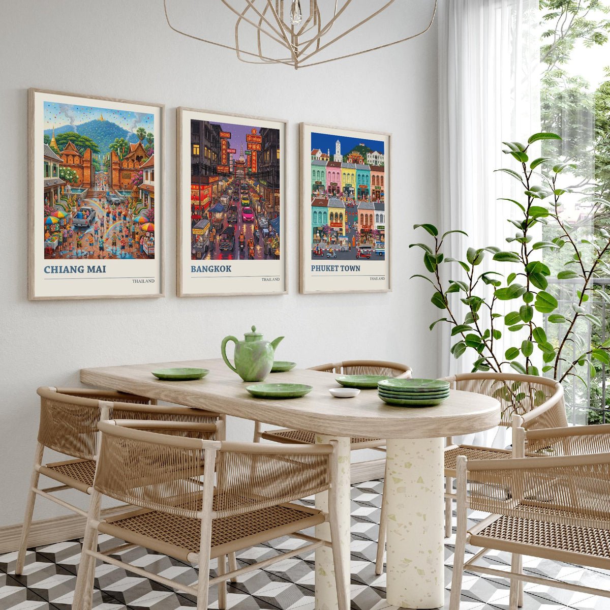 Thailand Set of Three Art Prints - Chiang Mai, Bangkok, Phuket Town - 3 Colourful Folk Illustration Travel Posters - Thai Painting