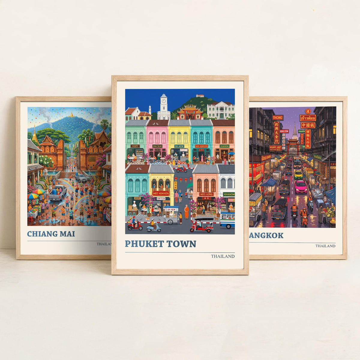 Thailand Set of Three Art Prints - Chiang Mai, Bangkok, Phuket Town - 3 Colourful Folk Illustration Travel Posters - Thai Painting