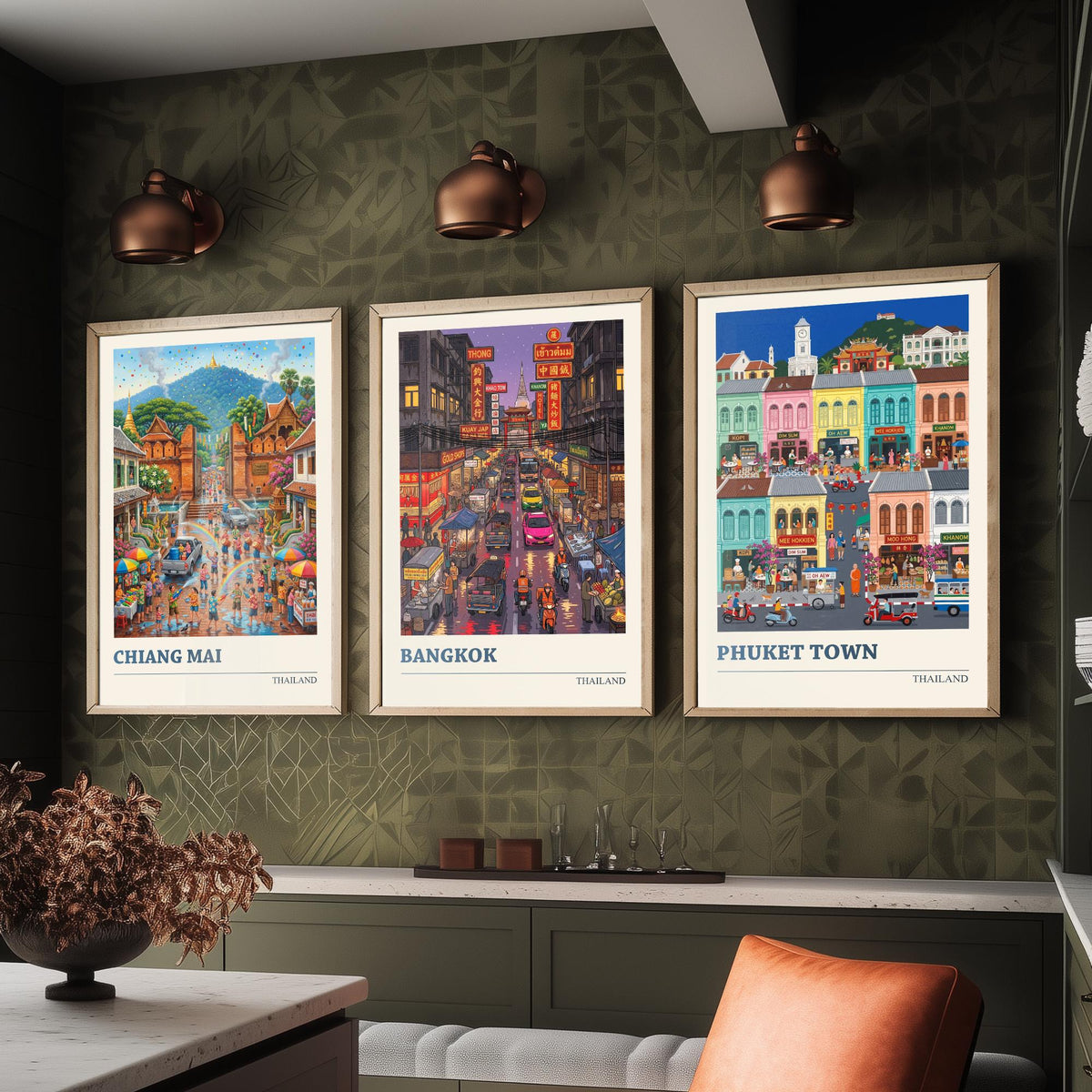 Thailand Set of Three Art Prints - Chiang Mai, Bangkok, Phuket Town - 3 Colourful Folk Illustration Travel Posters - Thai Painting