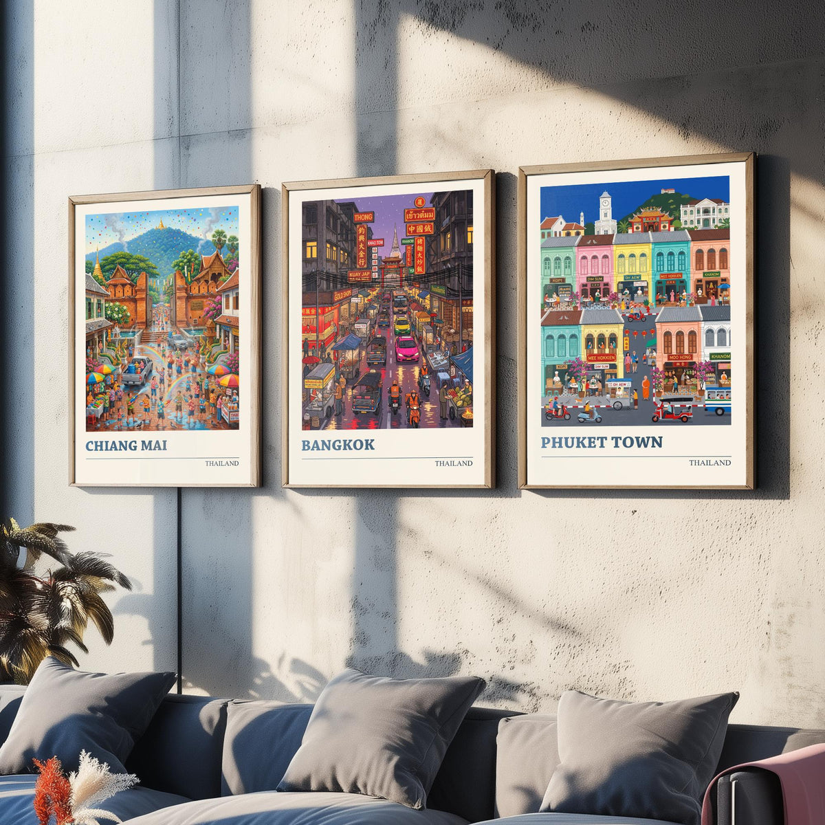Thailand Set of Three Art Prints - Chiang Mai, Bangkok, Phuket Town - 3 Colourful Folk Illustration Travel Posters - Thai Painting