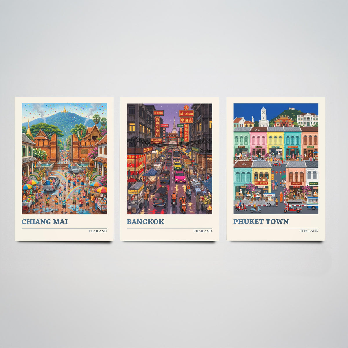 Thailand Set of Three Art Prints - Chiang Mai, Bangkok, Phuket Town - 3 Colourful Folk Illustration Travel Posters - Thai Painting