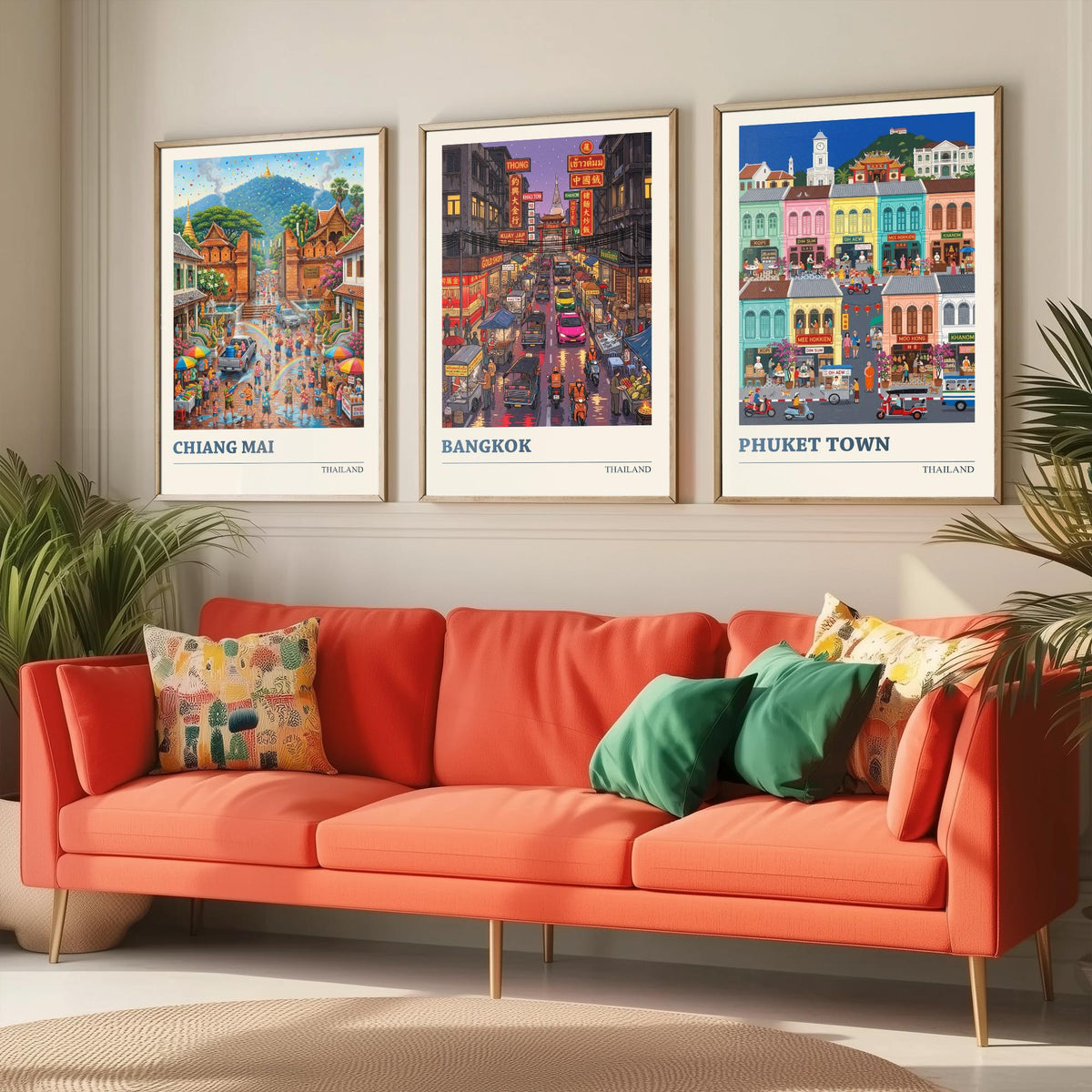 Thailand Set of Three Art Prints - Chiang Mai, Bangkok, Phuket Town - 3 Colourful Folk Illustration Travel Posters - Thai Painting