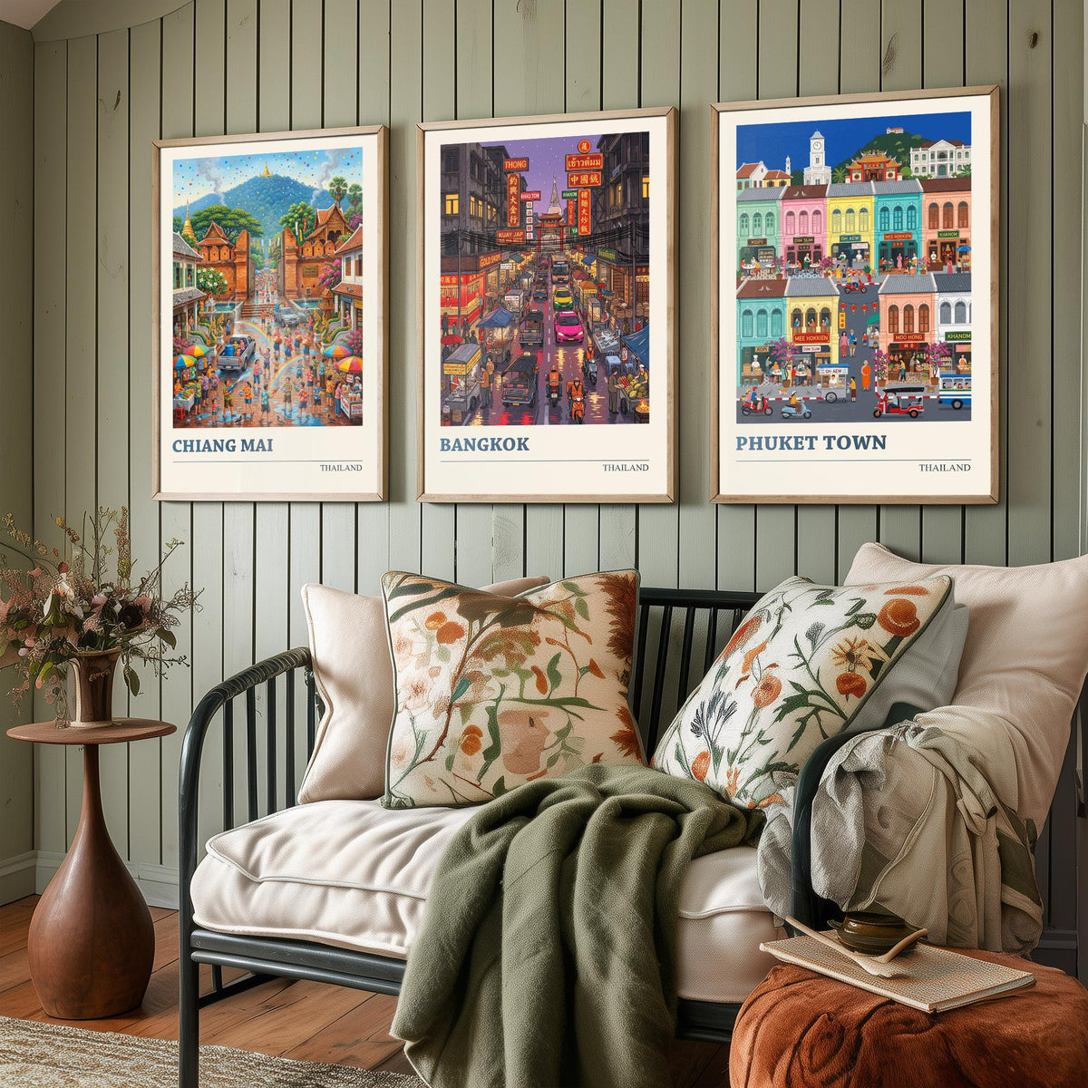 Thailand Set of Three Art Prints - Chiang Mai, Bangkok, Phuket Town - 3 Colourful Folk Illustration Travel Posters - Thai Painting