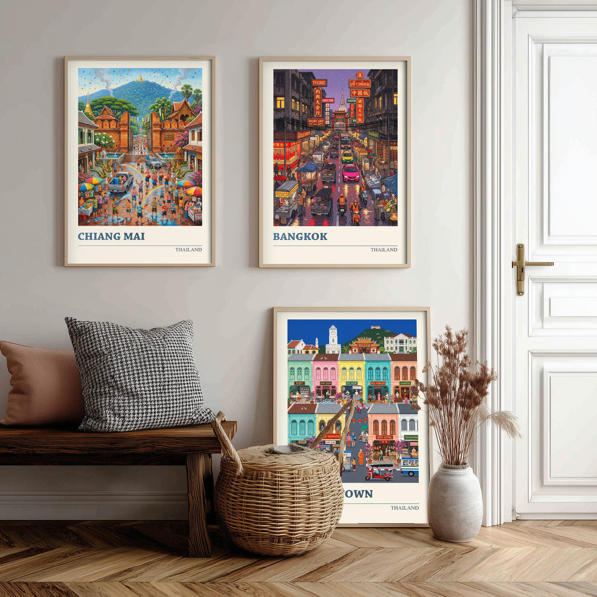 Thailand Set of Three Art Prints - Chiang Mai, Bangkok, Phuket Town - 3 Colourful Folk Illustration Travel Posters - Thai Painting