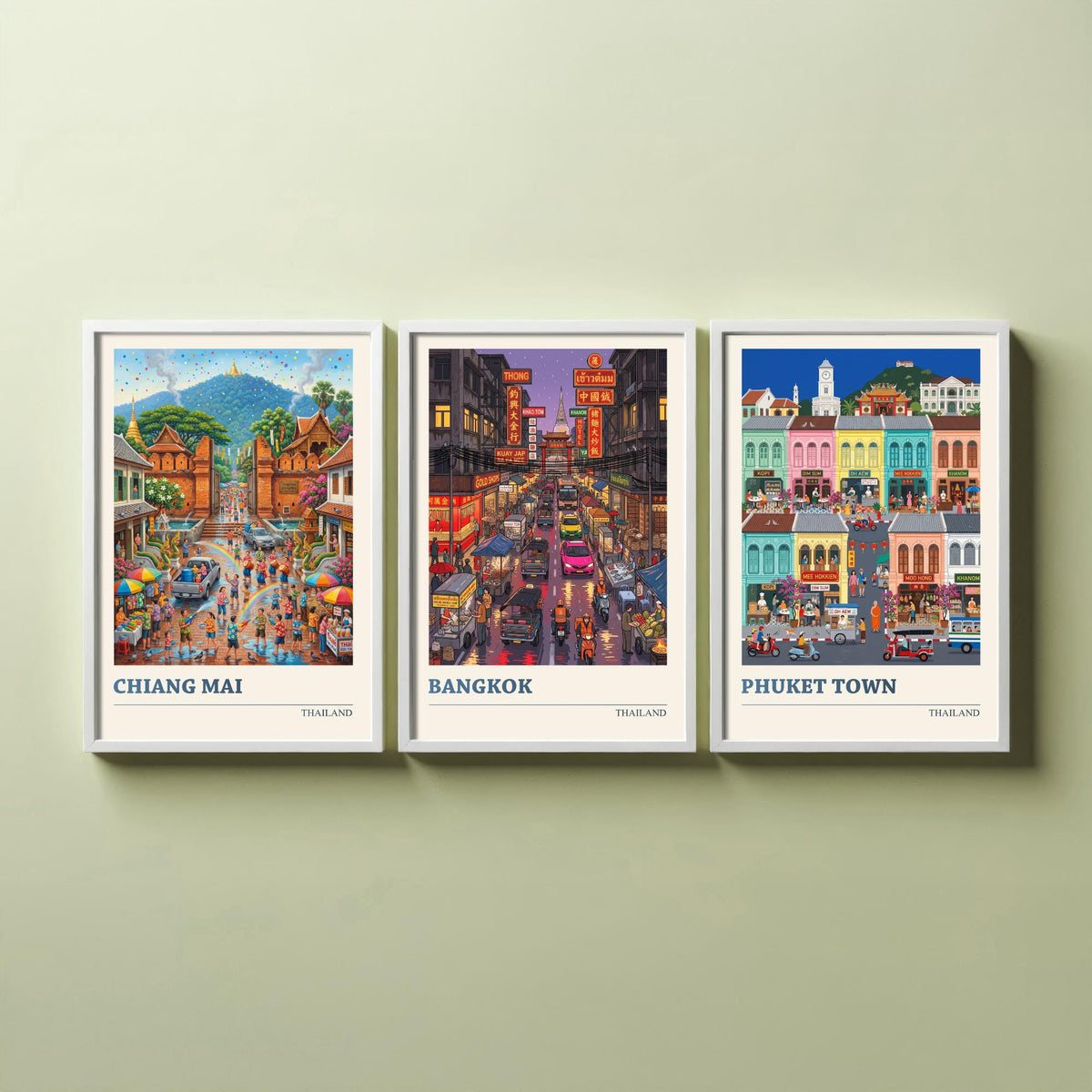 Thailand Set of Three Art Prints - Chiang Mai, Bangkok, Phuket Town - 3 Colourful Folk Illustration Travel Posters - Thai Painting