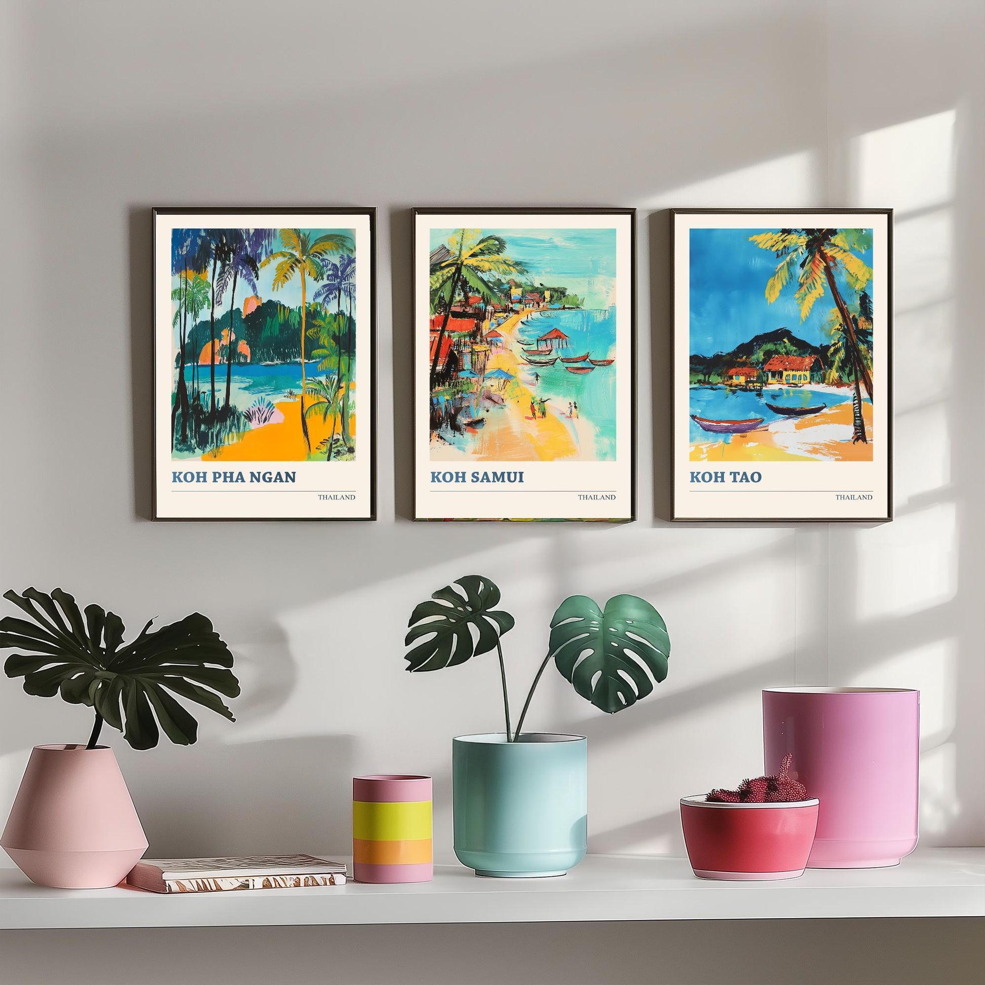 Thailand Islands Set of Three Art Prints - Koh Pha Ngan, Koh Samui, Koh Tao - Tropical Beach Poster Illustration Travel