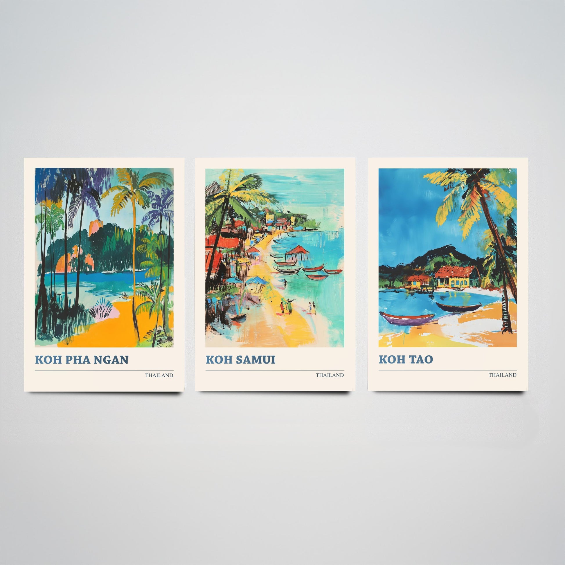 Thailand Islands Set of Three Art Prints - Koh Pha Ngan, Koh Samui, Koh Tao - Tropical Beach Poster Illustration Travel