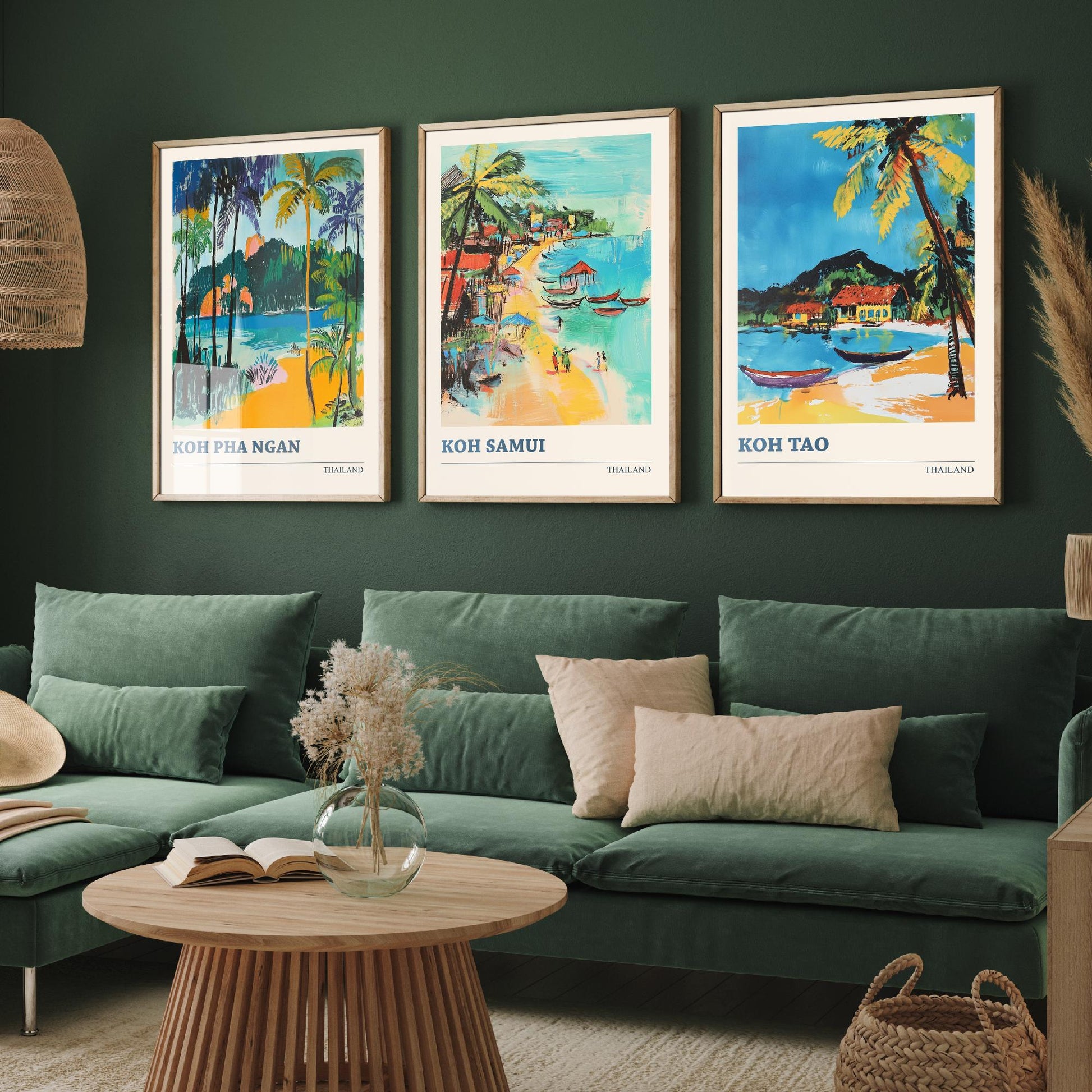 Thailand Islands Set of Three Art Prints - Koh Pha Ngan, Koh Samui, Koh Tao - Tropical Beach Poster Illustration Travel