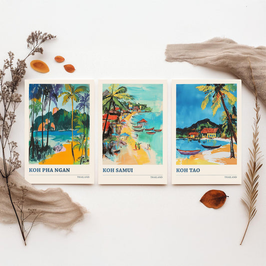 Thailand Islands Set of Three Art Prints - Koh Pha Ngan, Koh Samui, Koh Tao - Tropical Beach Poster Illustration Travel