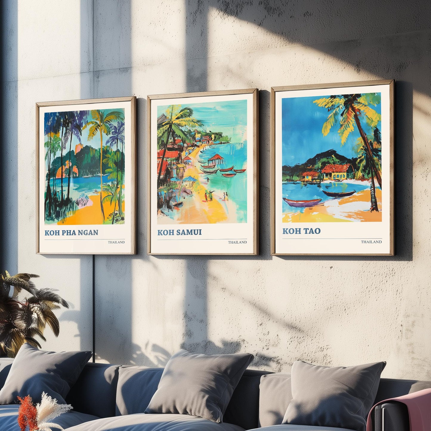 Thailand Islands Set of Three Art Prints - Koh Pha Ngan, Koh Samui, Koh Tao - Tropical Beach Poster Illustration Travel