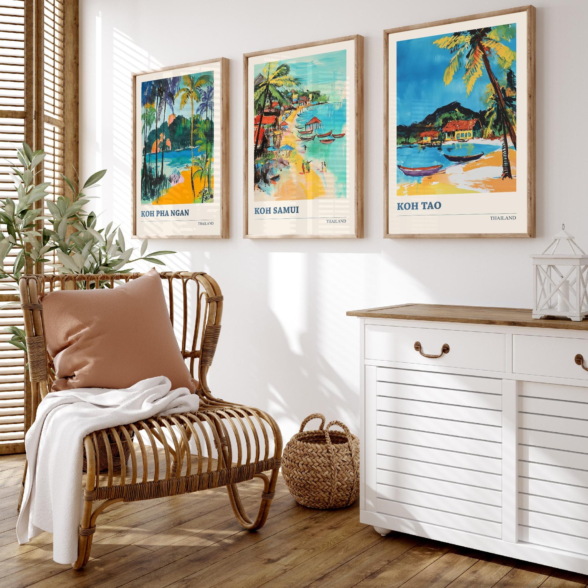 Thailand Islands Set of Three Art Prints - Koh Pha Ngan, Koh Samui, Koh Tao - Tropical Beach Poster Illustration Travel