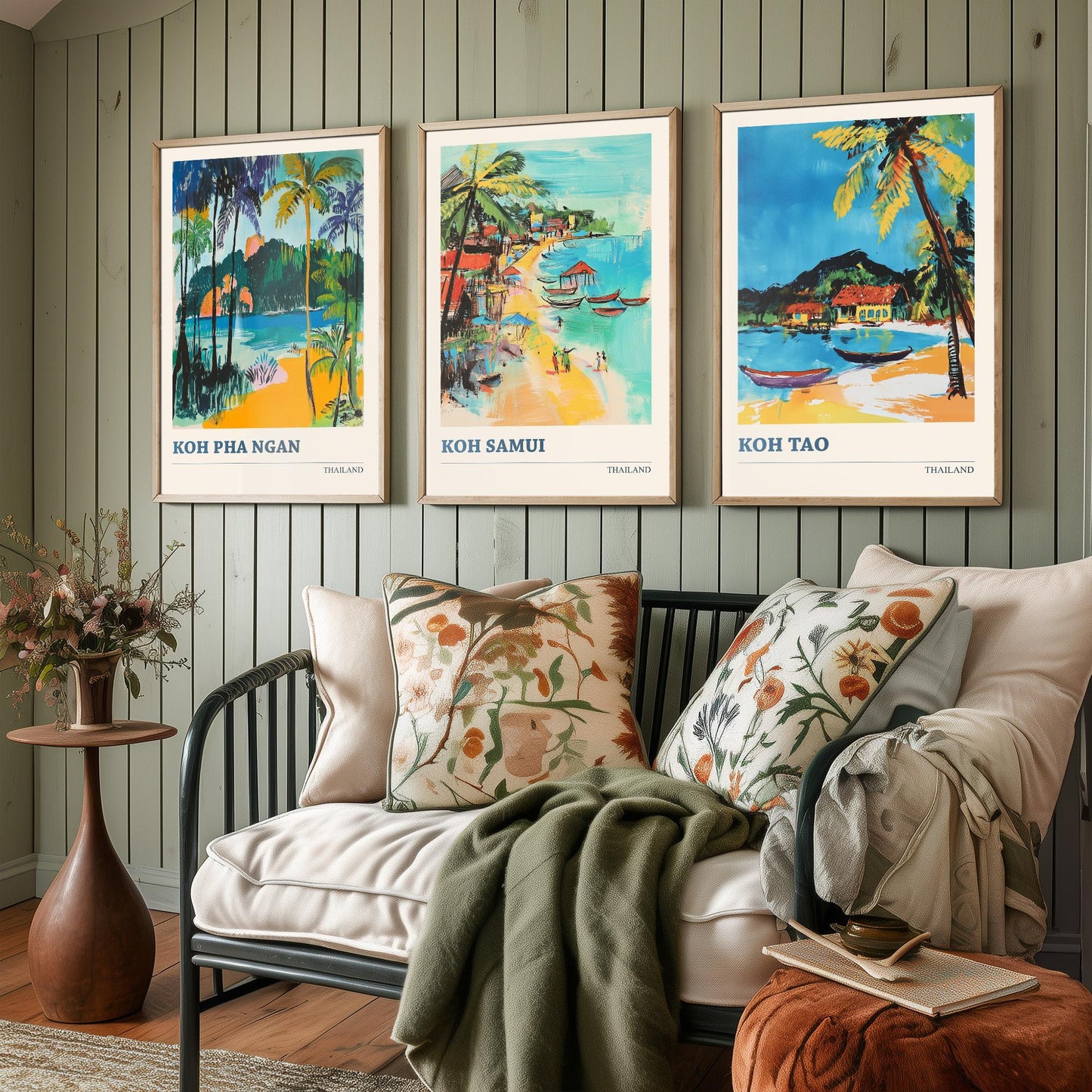 Thailand Islands Set of Three Art Prints - Koh Pha Ngan, Koh Samui, Koh Tao - Tropical Beach Poster Illustration Travel
