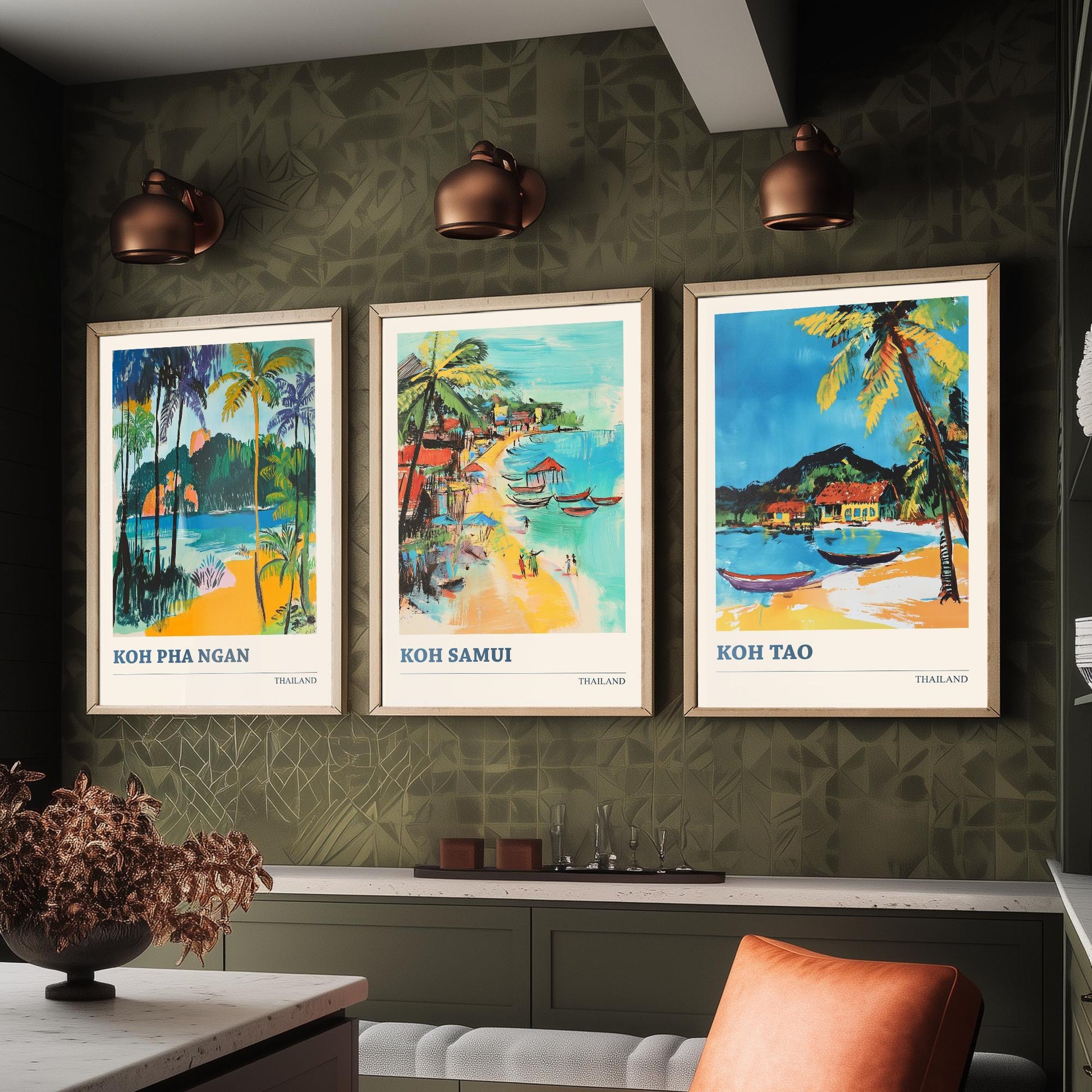 Thailand Islands Set of Three Art Prints - Koh Pha Ngan, Koh Samui, Koh Tao - Tropical Beach Poster Illustration Travel