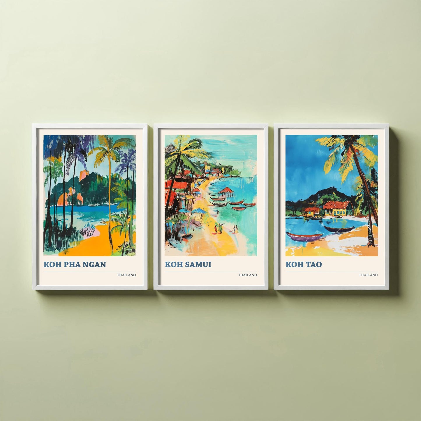 Thailand Islands Set of Three Art Prints - Koh Pha Ngan, Koh Samui, Koh Tao - Tropical Beach Poster Illustration Travel