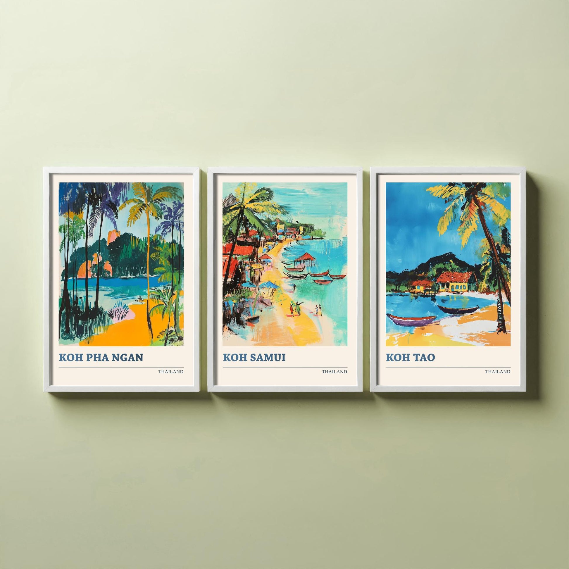 Thailand Islands Set of Three Art Prints - Koh Pha Ngan, Koh Samui, Koh Tao - Tropical Beach Poster Illustration Travel