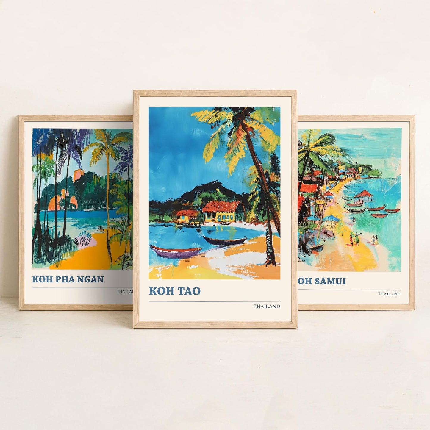 Thailand Islands Set of Three Art Prints - Koh Pha Ngan, Koh Samui, Koh Tao - Tropical Beach Poster Illustration Travel
