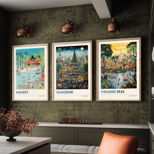 Thailand Set of Three Art Prints - Phuket, Bangkok, Chiang Mai - Thai Temple Travel Poster Illustration