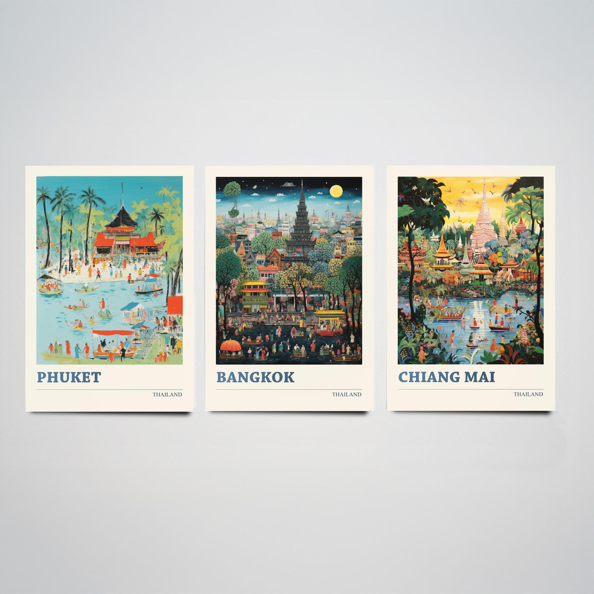 Thailand Set of Three Art Prints - Phuket, Bangkok, Chiang Mai - Thai Temple Travel Poster Illustration