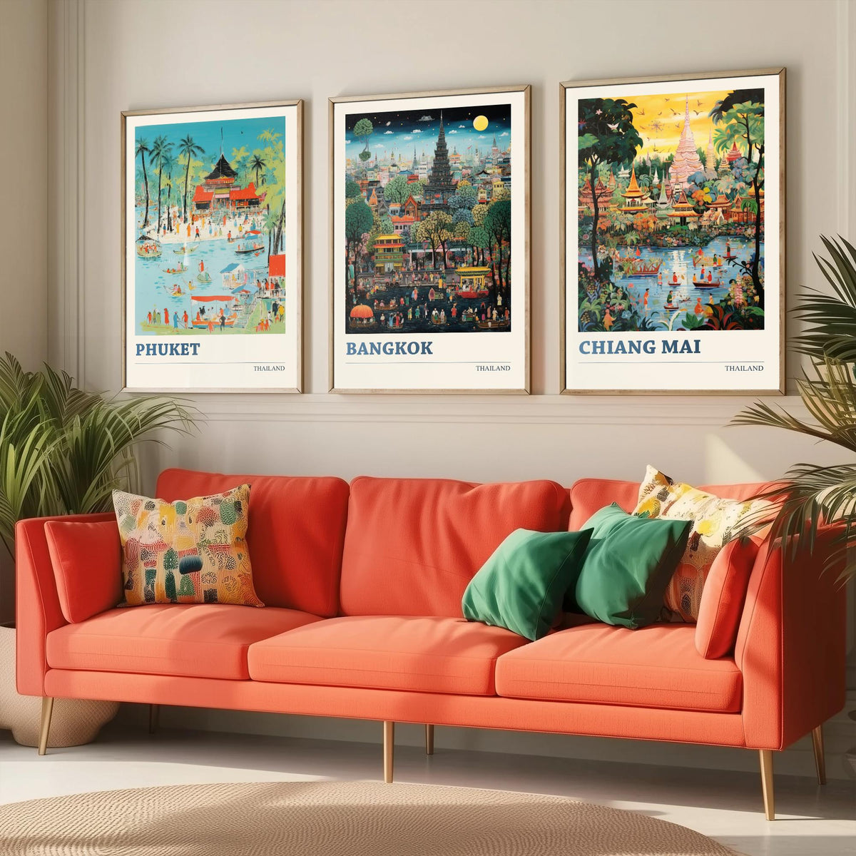Thailand Set of Three Art Prints - Phuket, Bangkok, Chiang Mai - Thai Temple Travel Poster Illustration