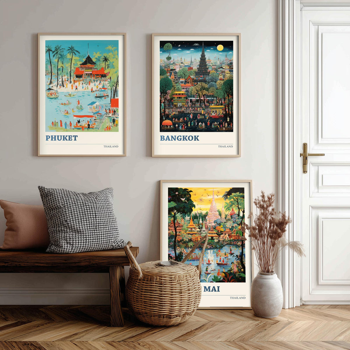 Thailand Set of Three Art Prints - Phuket, Bangkok, Chiang Mai - Thai Temple Travel Poster Illustration