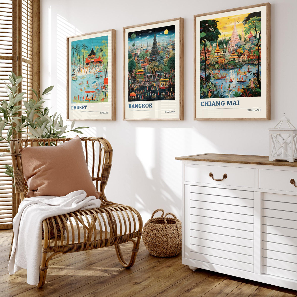 Thailand Set of Three Art Prints - Phuket, Bangkok, Chiang Mai - Thai Temple Travel Poster Illustration