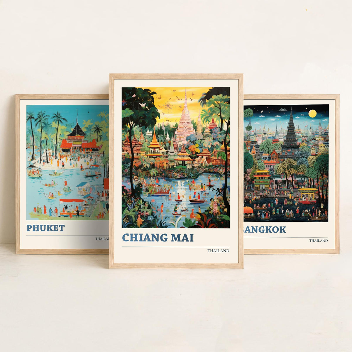 Thailand Set of Three Art Prints - Phuket, Bangkok, Chiang Mai - Thai Temple Travel Poster Illustration