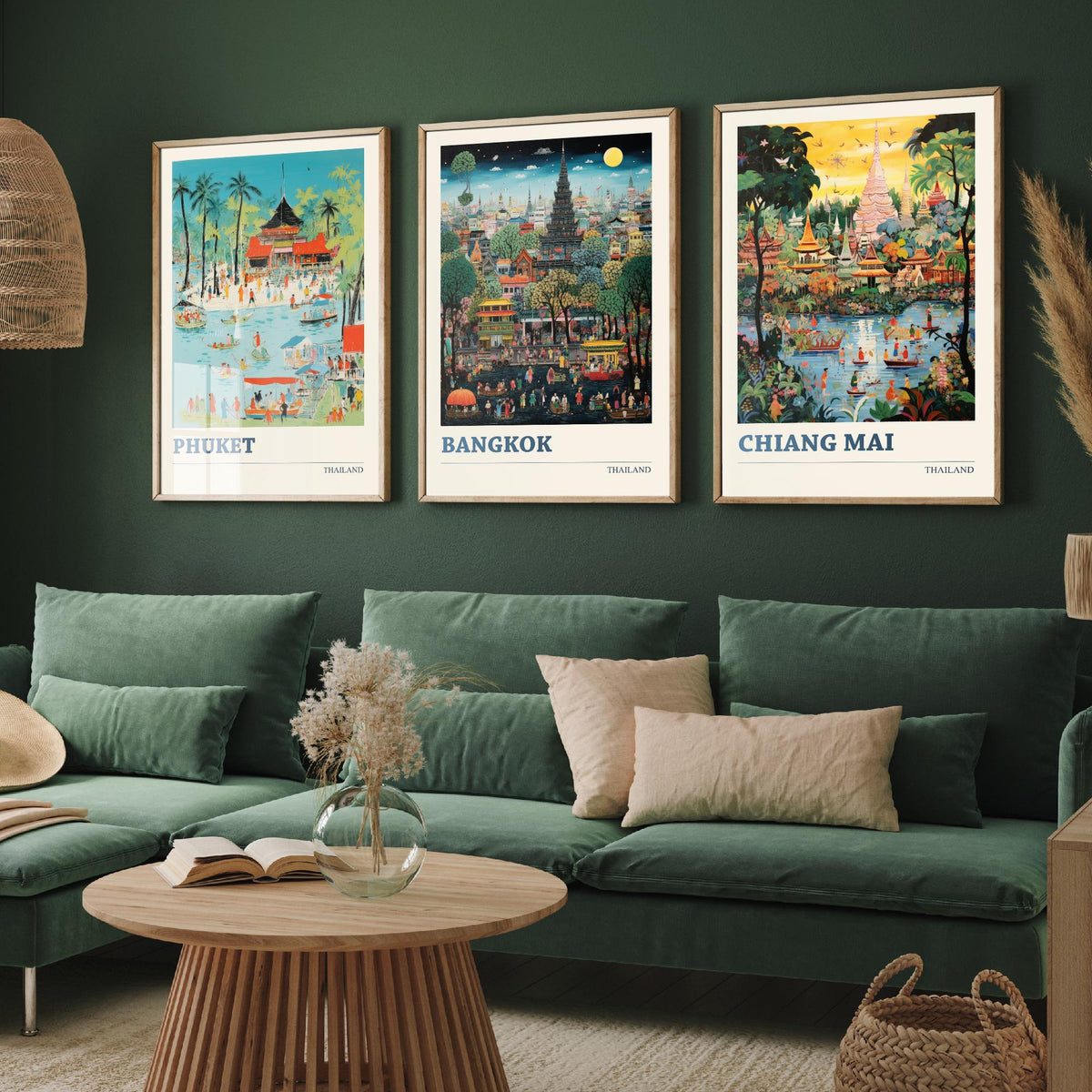 Thailand Set of Three Art Prints - Phuket, Bangkok, Chiang Mai - Thai Temple Travel Poster Illustration