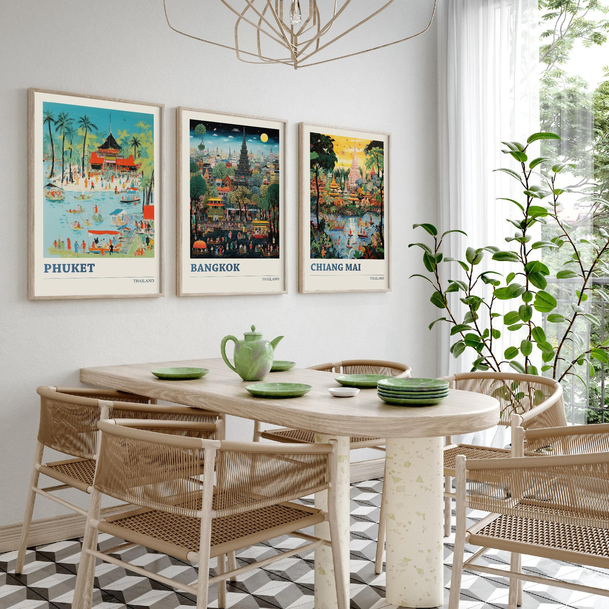 Thailand Set of Three Art Prints - Phuket, Bangkok, Chiang Mai - Thai Temple Travel Poster Illustration