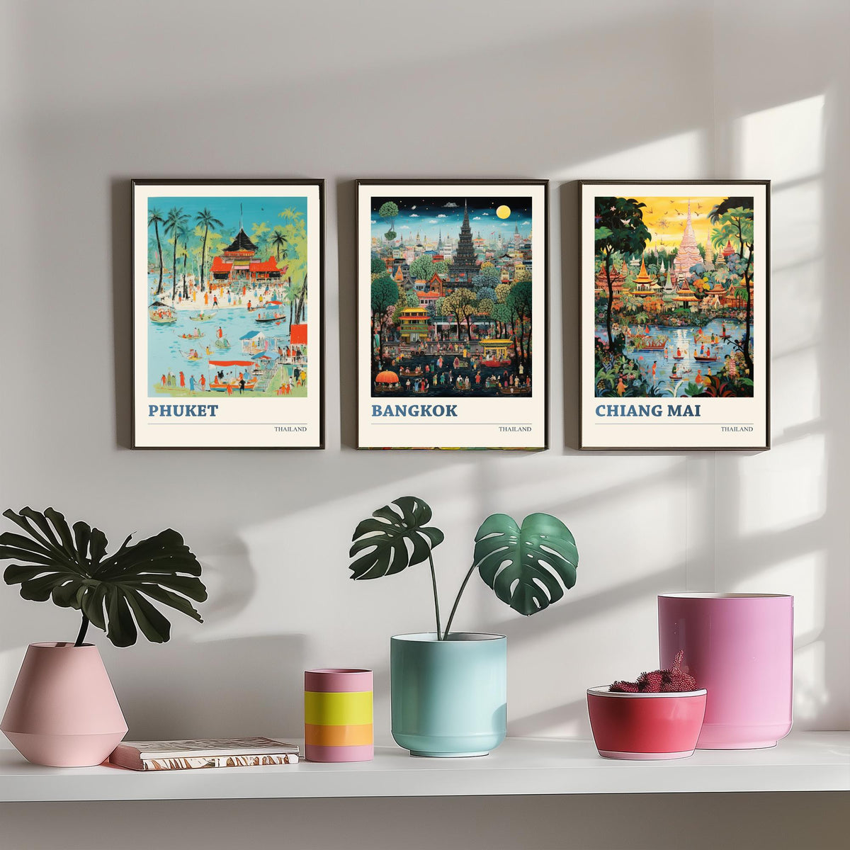 Thailand Set of Three Art Prints - Phuket, Bangkok, Chiang Mai - Thai Temple Travel Poster Illustration