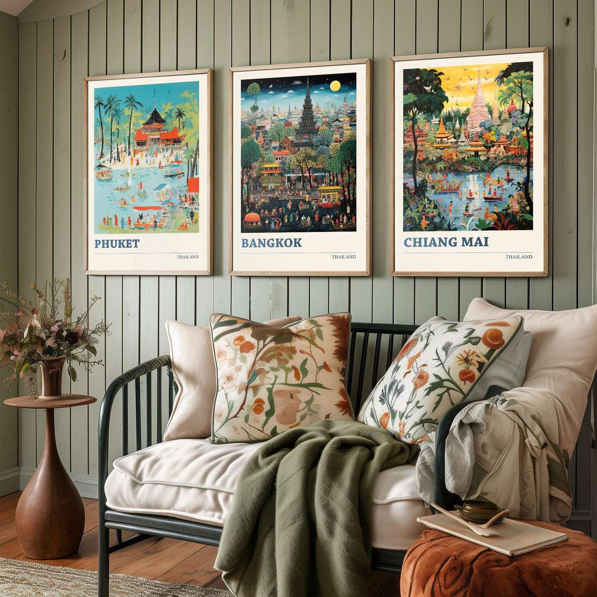 Thailand Set of Three Art Prints - Phuket, Bangkok, Chiang Mai - Thai Temple Travel Poster Illustration
