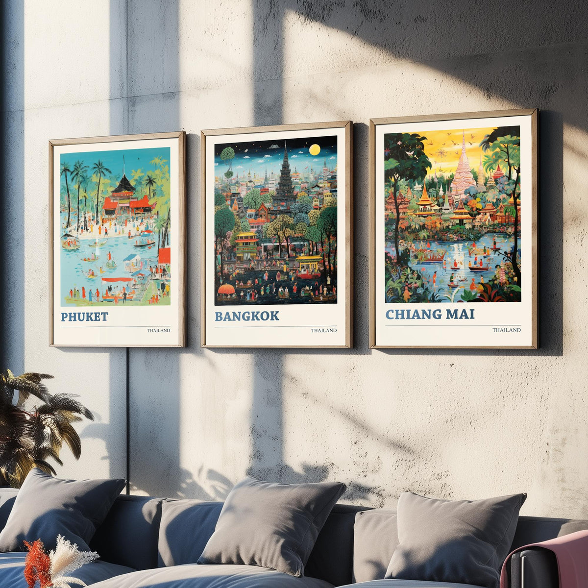 Thailand Set of Three Art Prints - Phuket, Bangkok, Chiang Mai - Thai Temple Travel Poster Illustration