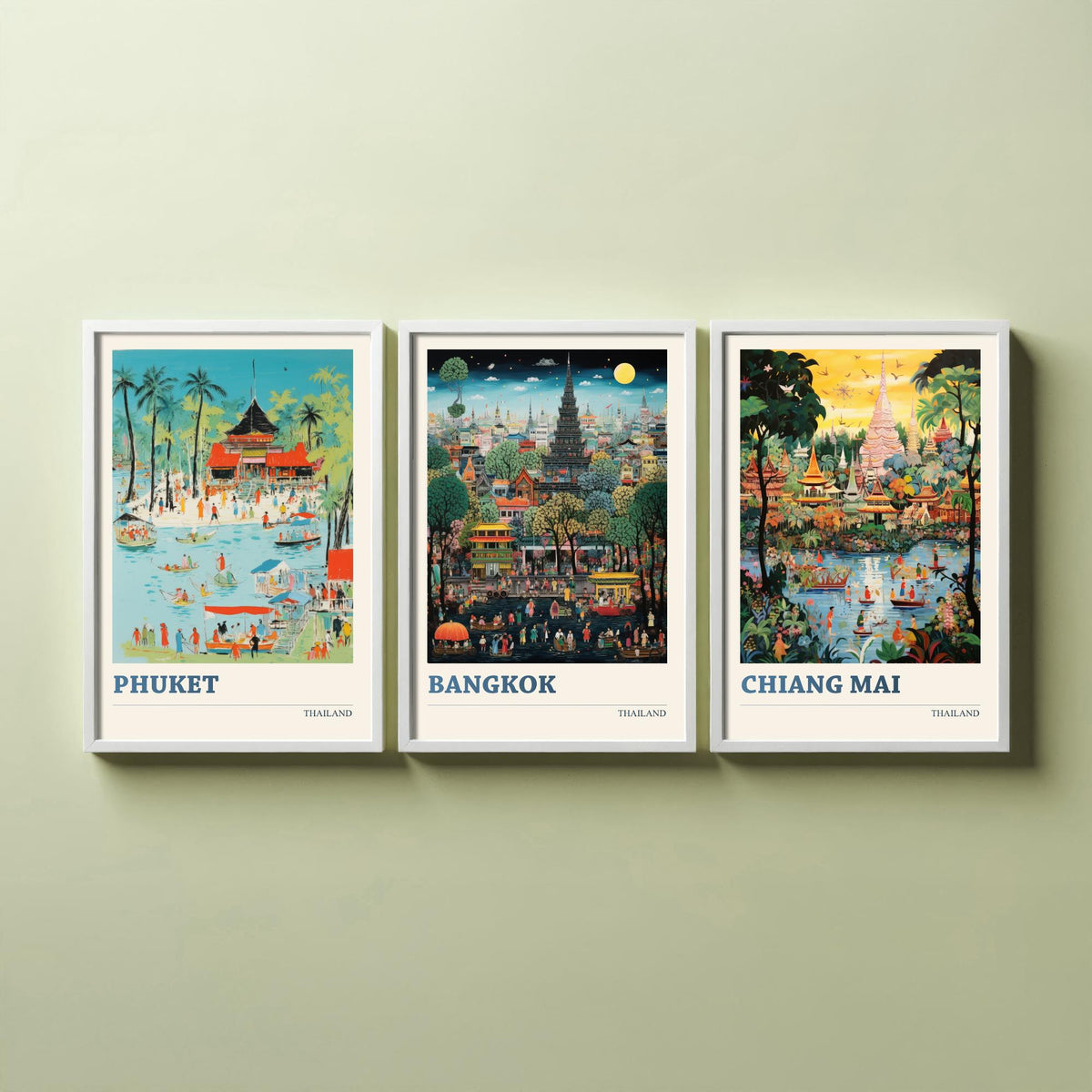 Thailand Set of Three Art Prints - Phuket, Bangkok, Chiang Mai - Thai Temple Travel Poster Illustration