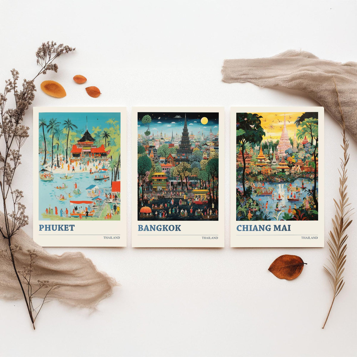 Thailand Set of Three Art Prints - Phuket, Bangkok, Chiang Mai - Thai Temple Travel Poster Illustration