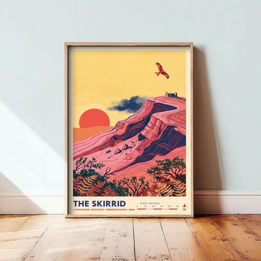 The Skirrid Travel Poster - Skirrid Fawr Folk Art Map Print - Red Kite Sunset Illustration - Llanvihangel Crucorney Monmouthshire 1/3