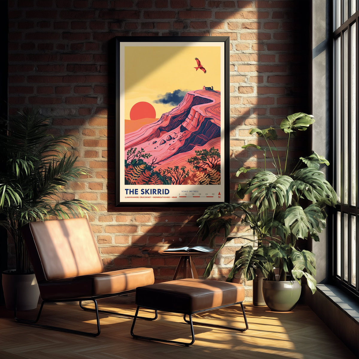The Skirrid Travel Poster - Skirrid Fawr Folk Art Map Print - Red Kite Sunset Illustration - Llanvihangel Crucorney Monmouthshire 1/3