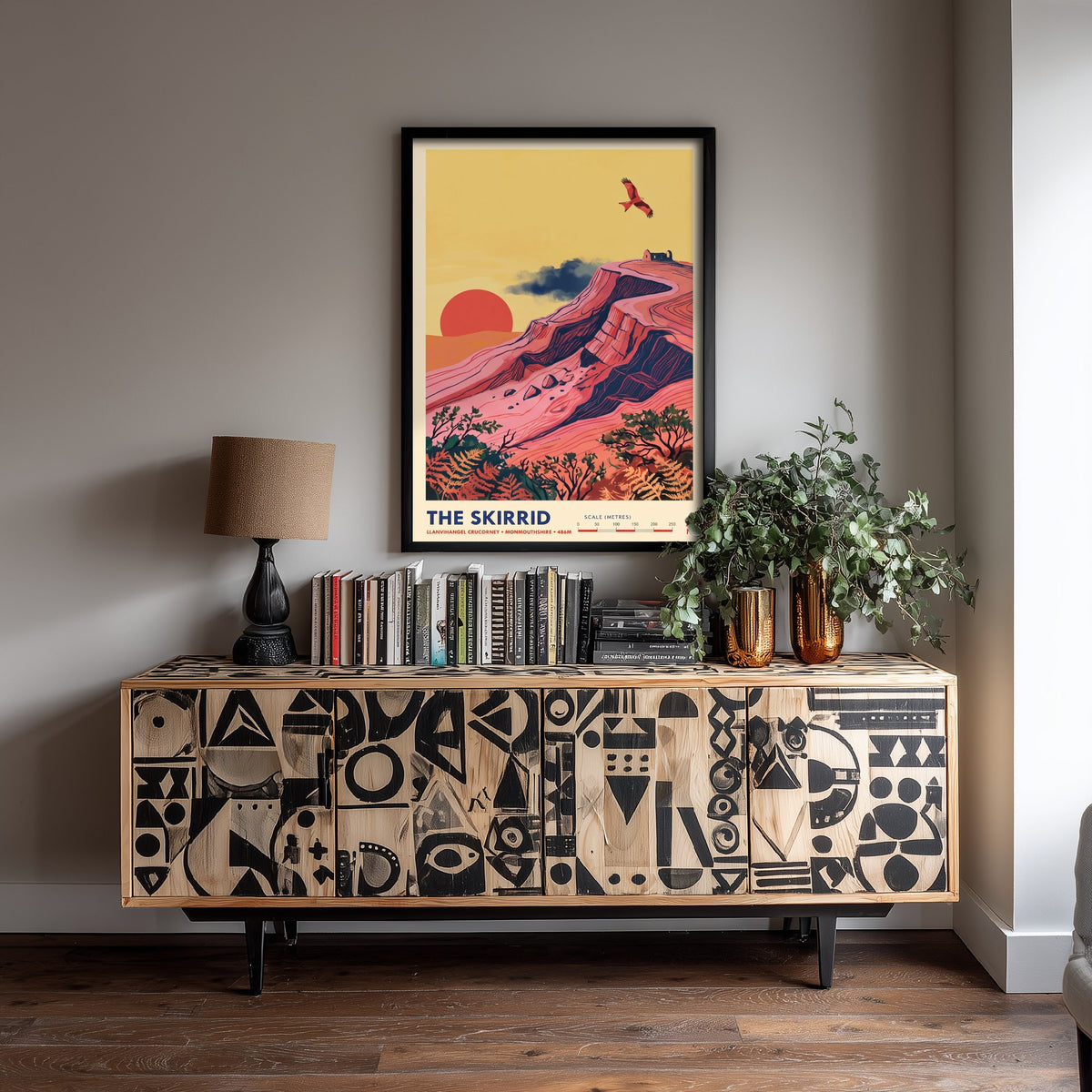 The Skirrid Travel Poster - Skirrid Fawr Folk Art Map Print - Red Kite Sunset Illustration - Llanvihangel Crucorney Monmouthshire 1/3