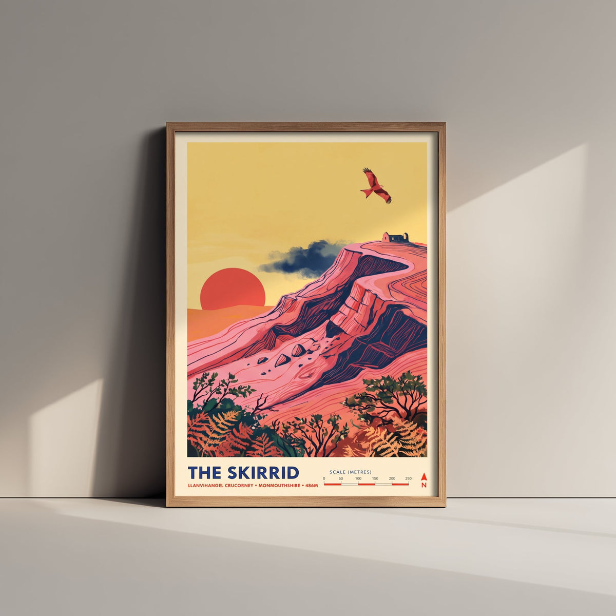 The Skirrid Travel Poster - Skirrid Fawr Folk Art Map Print - Red Kite Sunset Illustration - Llanvihangel Crucorney Monmouthshire 1/3