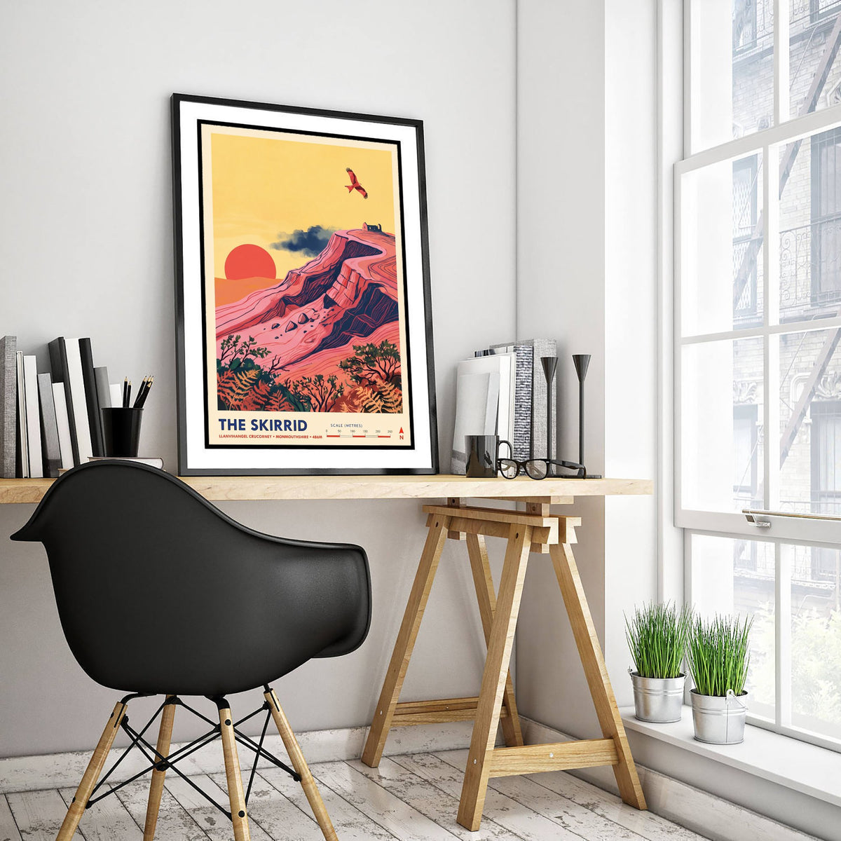 The Skirrid Travel Poster - Skirrid Fawr Folk Art Map Print - Red Kite Sunset Illustration - Llanvihangel Crucorney Monmouthshire 1/3
