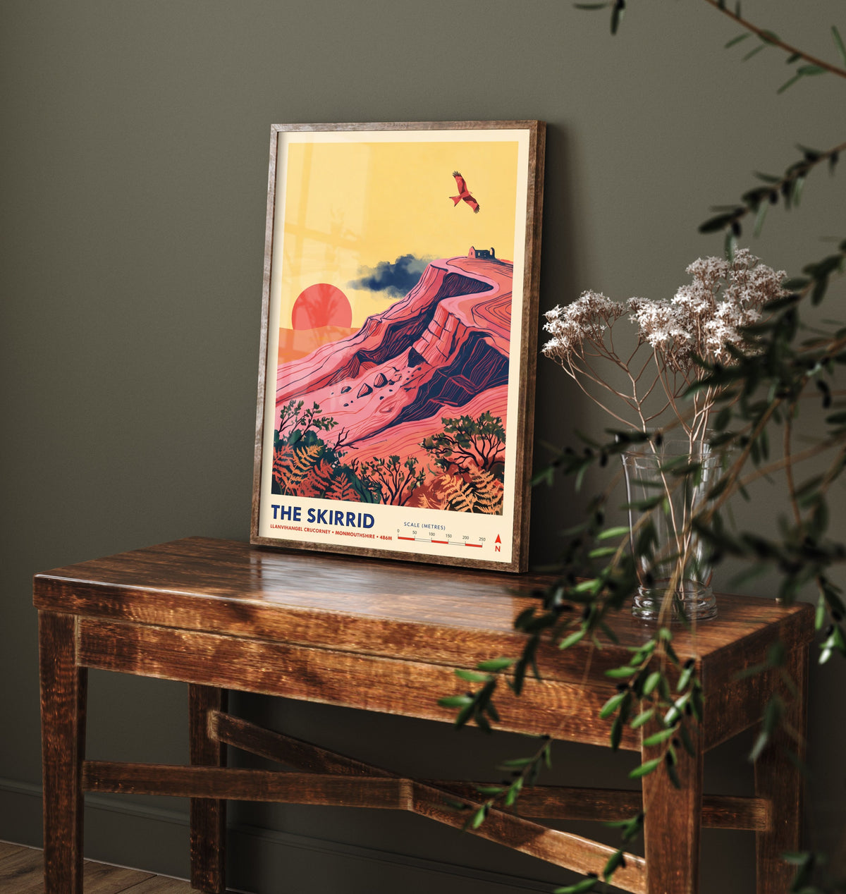The Skirrid Travel Poster - Skirrid Fawr Folk Art Map Print - Red Kite Sunset Illustration - Llanvihangel Crucorney Monmouthshire 1/3