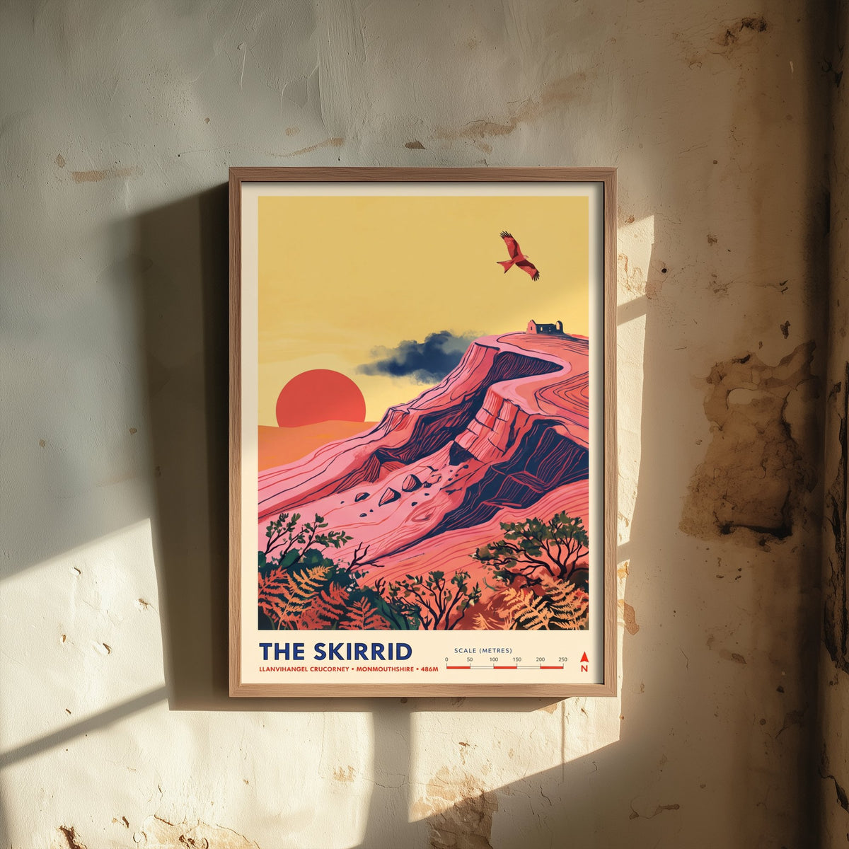 The Skirrid Travel Poster - Skirrid Fawr Folk Art Map Print - Red Kite Sunset Illustration - Llanvihangel Crucorney Monmouthshire 1/3