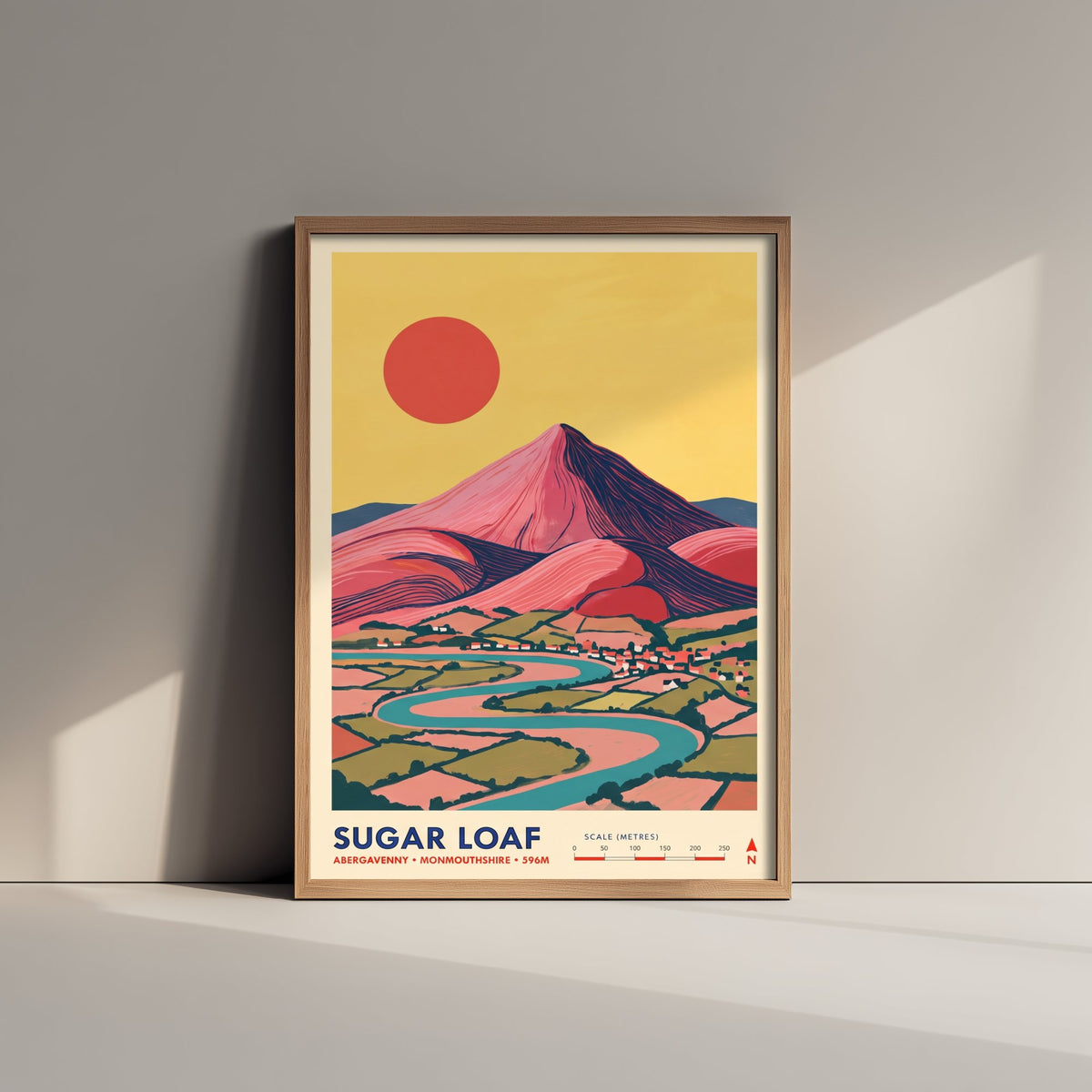 Sugar Loaf Abergavenny Travel Poster - River Usk Valley Fields Illustration - Folk Map Style Art Print - Monmouthshire Wales 2/3