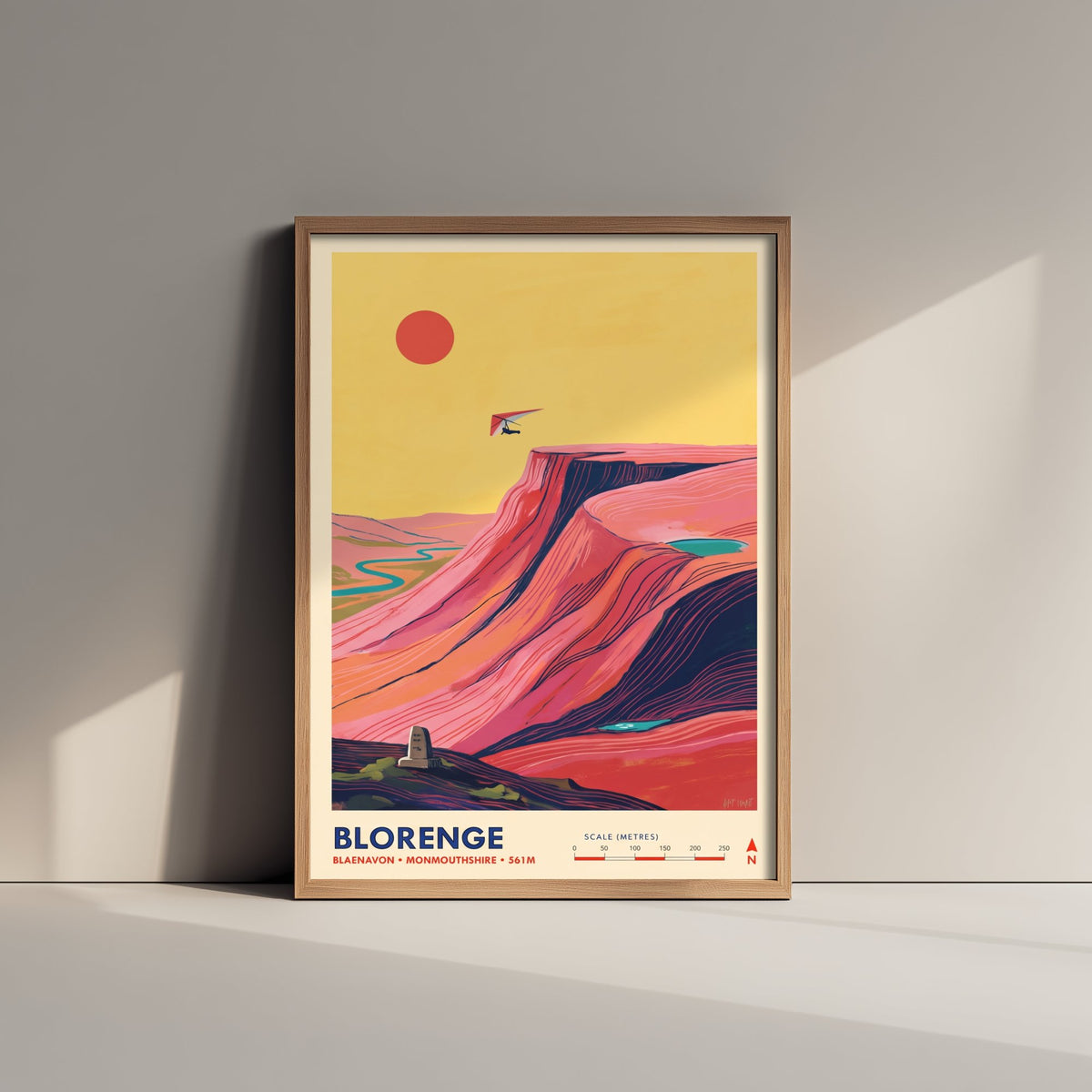 Blorenge Travel Poster - Hang Glider over Blaenavon Illustration - Folk Art Map Print - Monmouthshire Escarpment Sunset 3/3