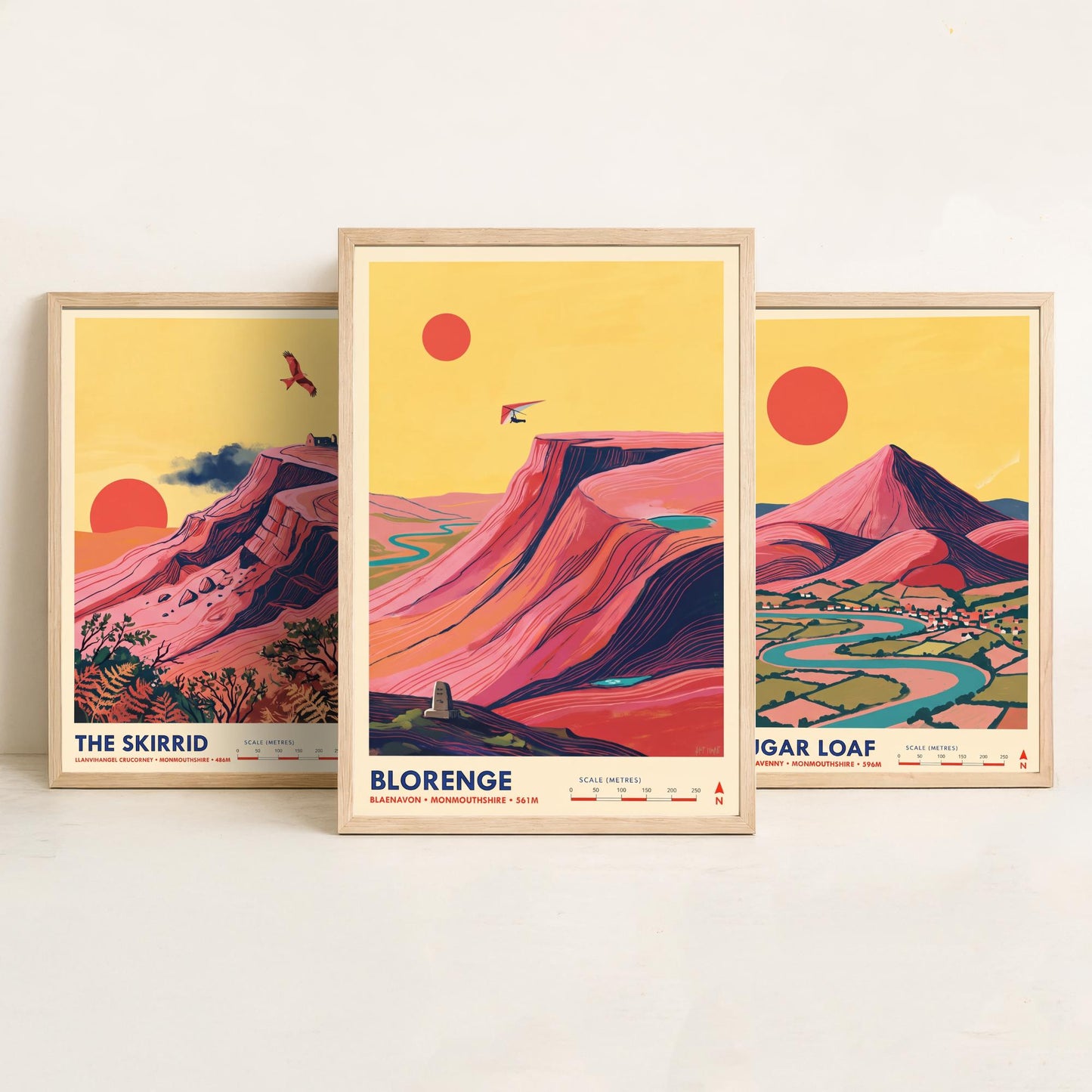 The Abergavenny Three Peaks Set of Three Art Prints - Skirrid, Sugar Loaf, Blorenge - Welsh Mountain Travel Posters - Painting