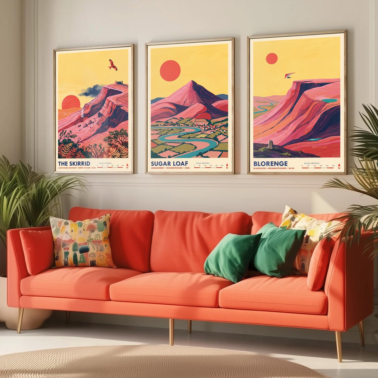 The Abergavenny Three Peaks Set of Three Art Prints - Skirrid, Sugar Loaf, Blorenge - Welsh Mountain Travel Posters - Painting