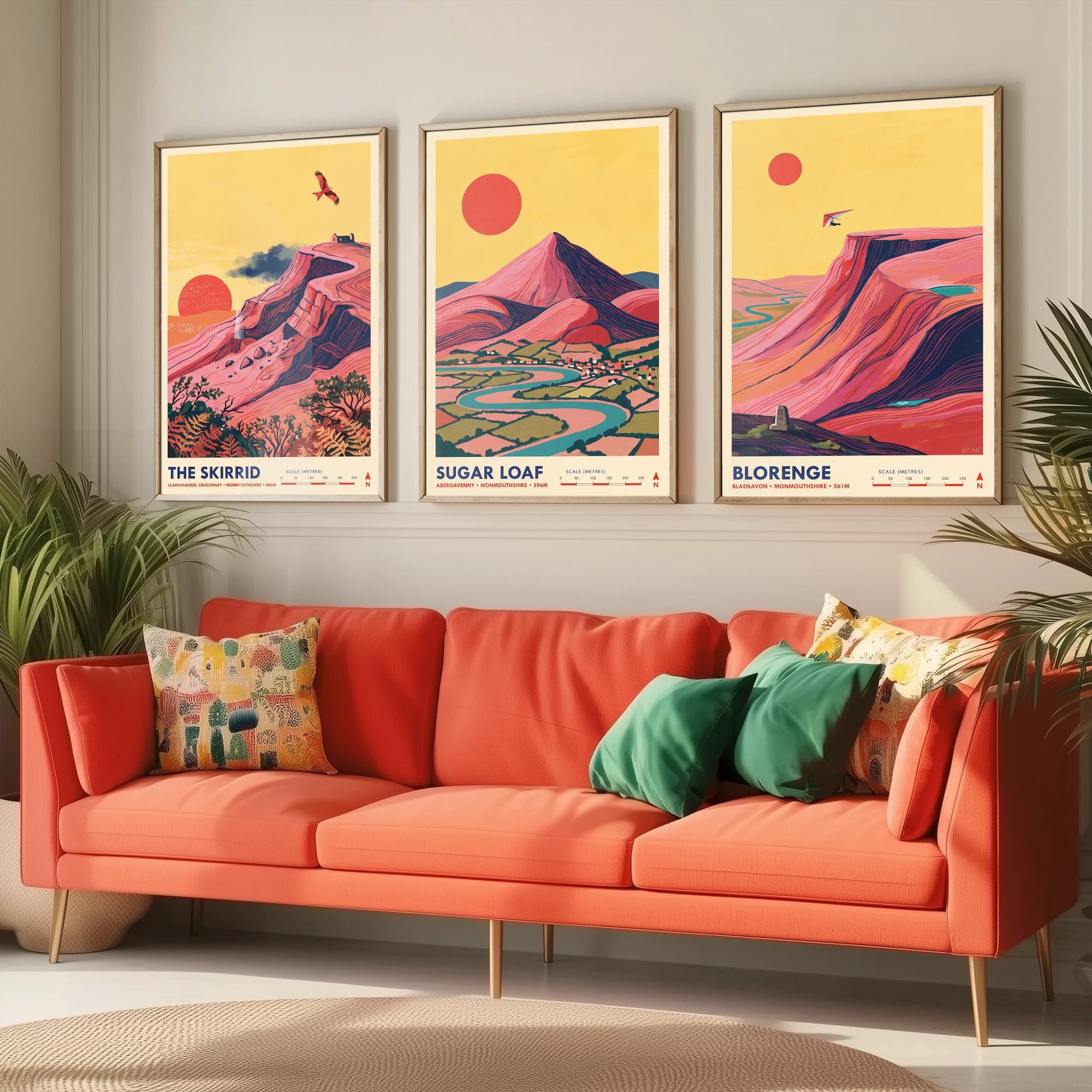 The Abergavenny Three Peaks Set of Three Art Prints - Skirrid, Sugar Loaf, Blorenge - Welsh Mountain Travel Posters - Painting