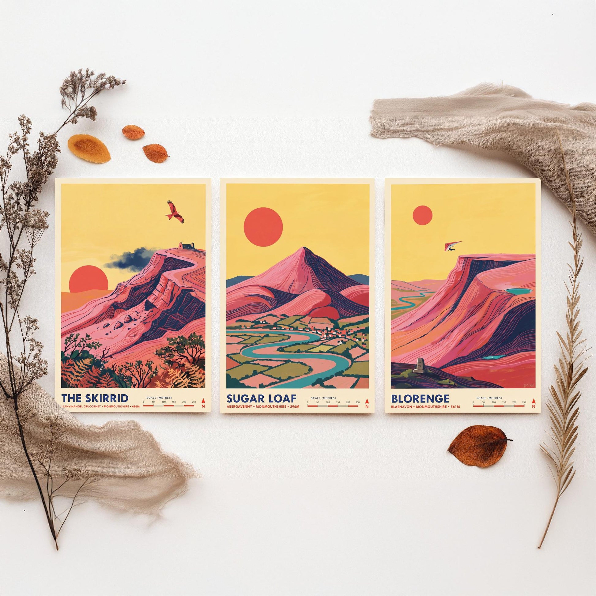 The Abergavenny Three Peaks Set of Three Art Prints - Skirrid, Sugar Loaf, Blorenge - Welsh Mountain Travel Posters - Painting
