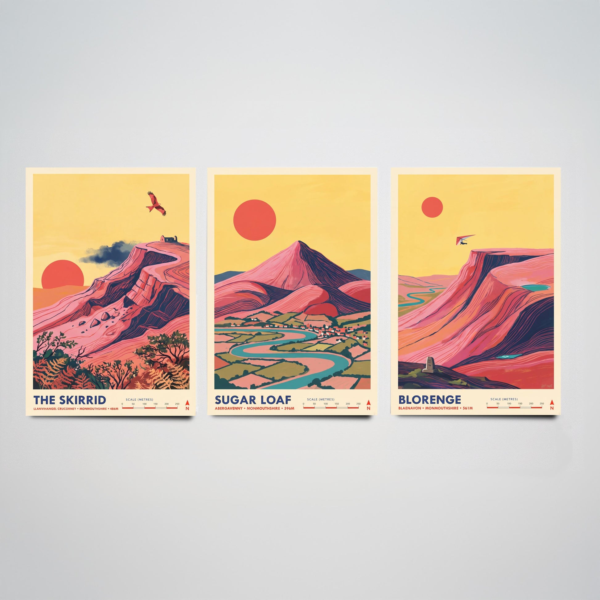 The Abergavenny Three Peaks Set of Three Art Prints - Skirrid, Sugar Loaf, Blorenge - Welsh Mountain Travel Posters - Painting