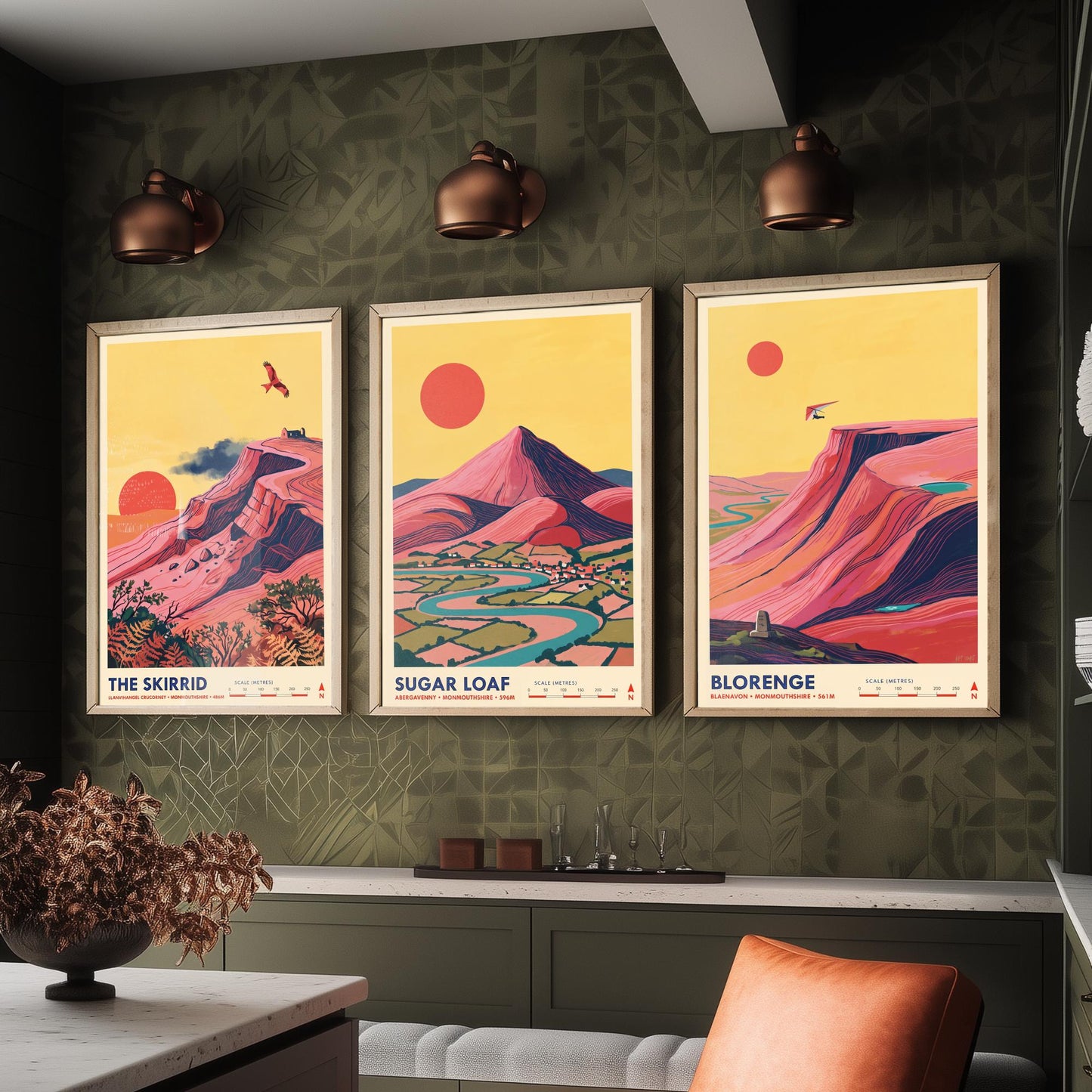 The Abergavenny Three Peaks Set of Three Art Prints - Skirrid, Sugar Loaf, Blorenge - Welsh Mountain Travel Posters - Painting