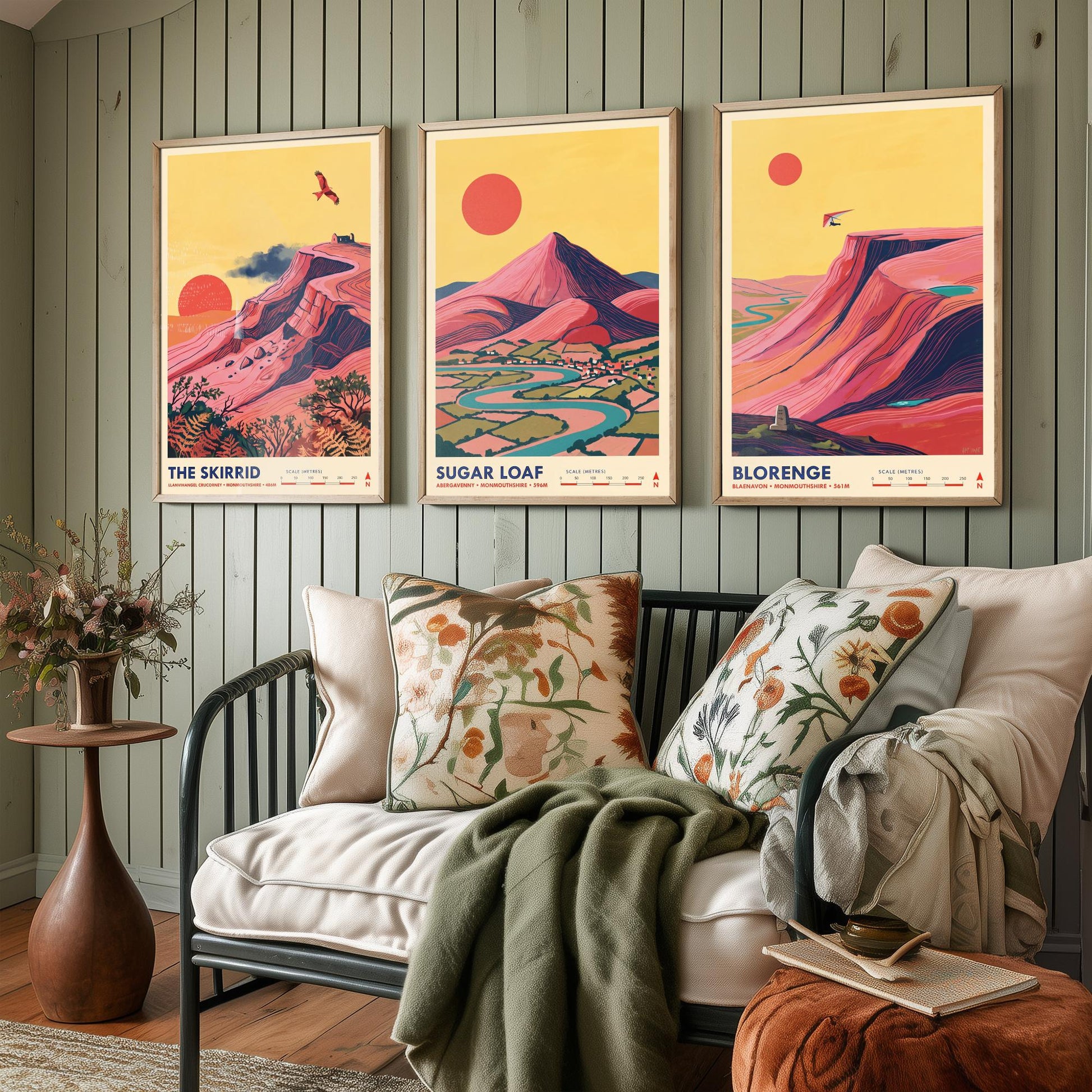 The Abergavenny Three Peaks Set of Three Art Prints - Skirrid, Sugar Loaf, Blorenge - Welsh Mountain Travel Posters - Painting
